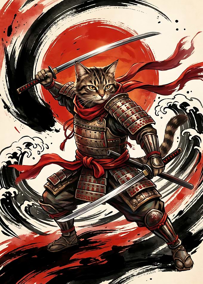 Tabby Cat Samurai Warrior Illustration