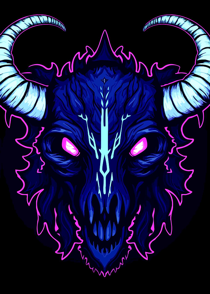 Neon Glowing Demon Skull Illustration