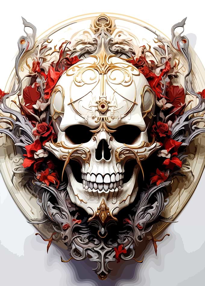 Ornate Gothic Skull with Red Roses