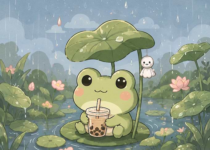 Cute Frog Drinking Boba in Rain