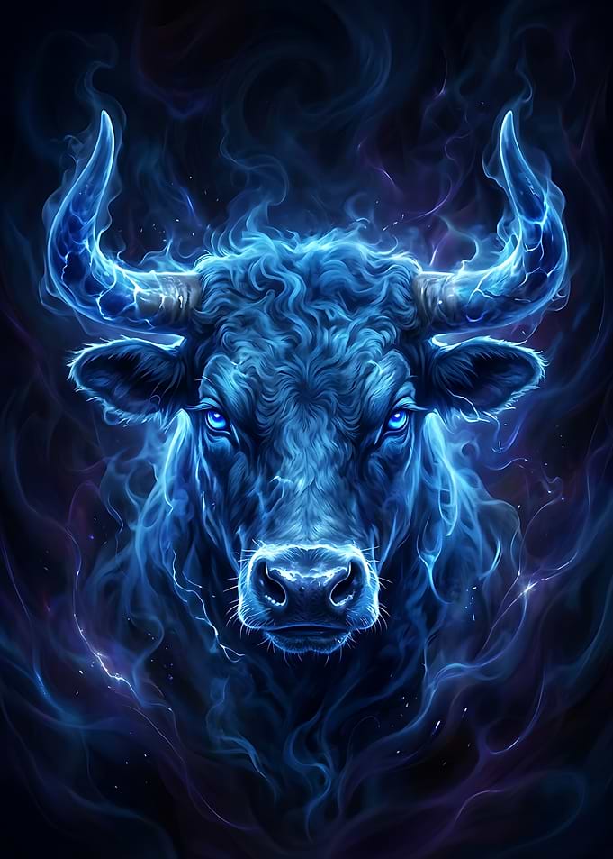 Mystical Blue Fire Bull Portrait