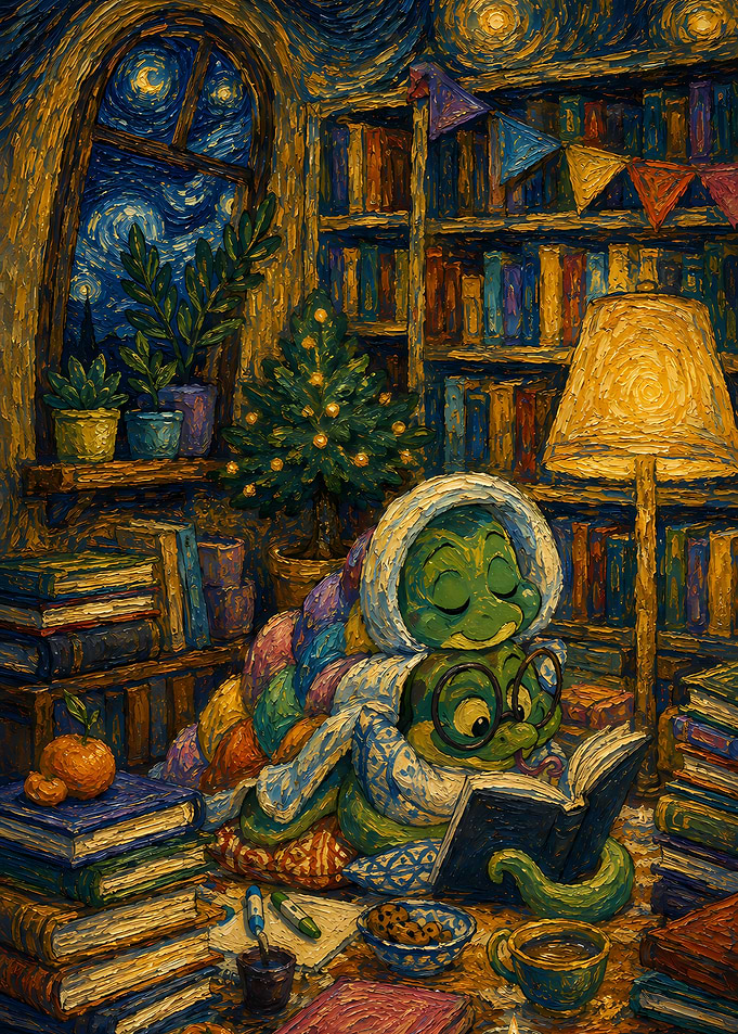 Cozy Turtles Reading in Library
