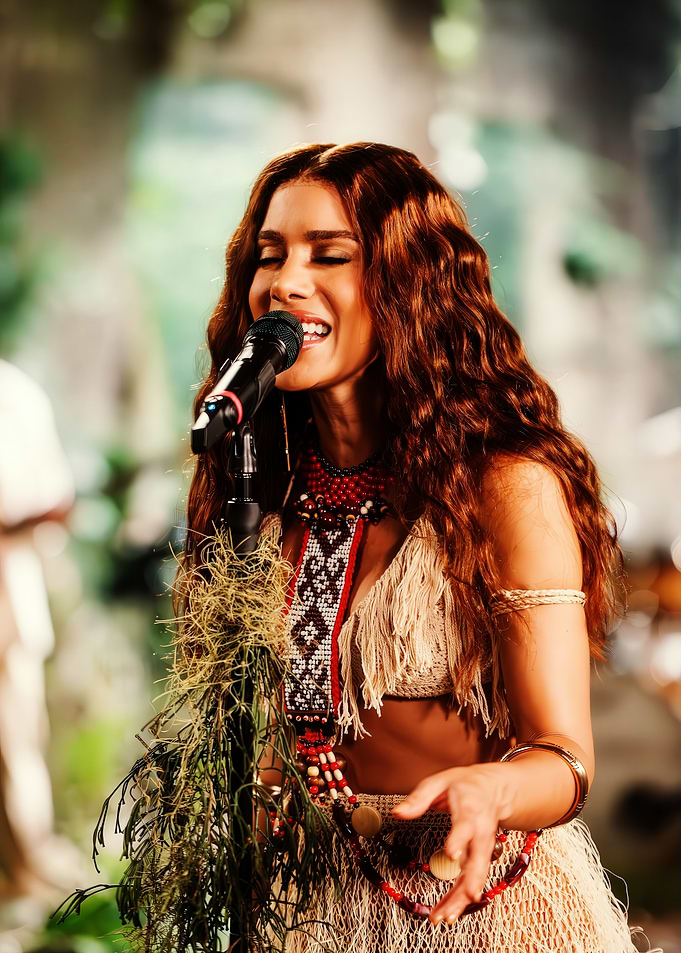 Singer performing in tribal-inspired outfit