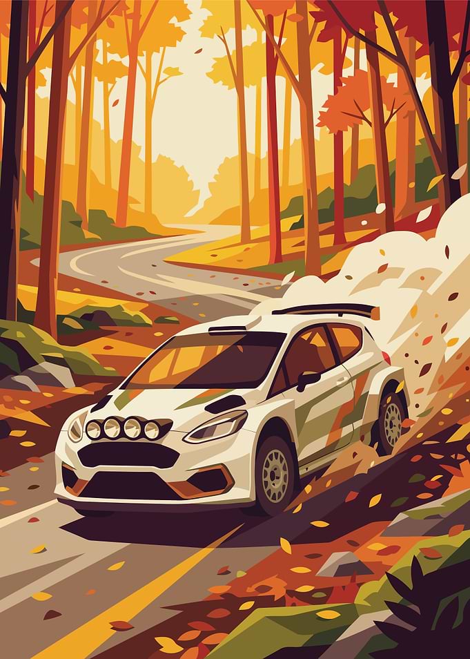 Rally Car Racing Through Autumn Forest
