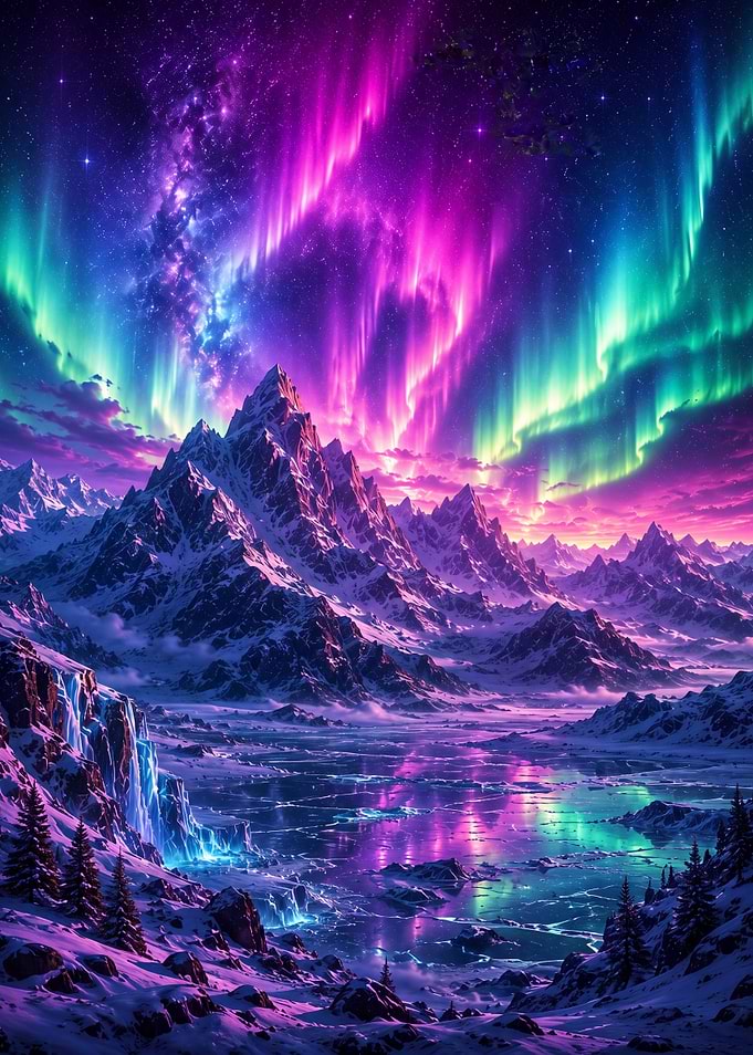 Vibrant Aurora Over Snowy Mountain Peaks