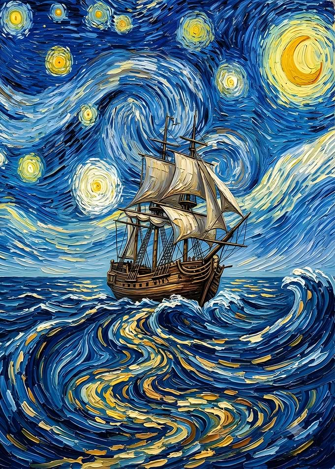 Sailing Ship in Starry Night Style