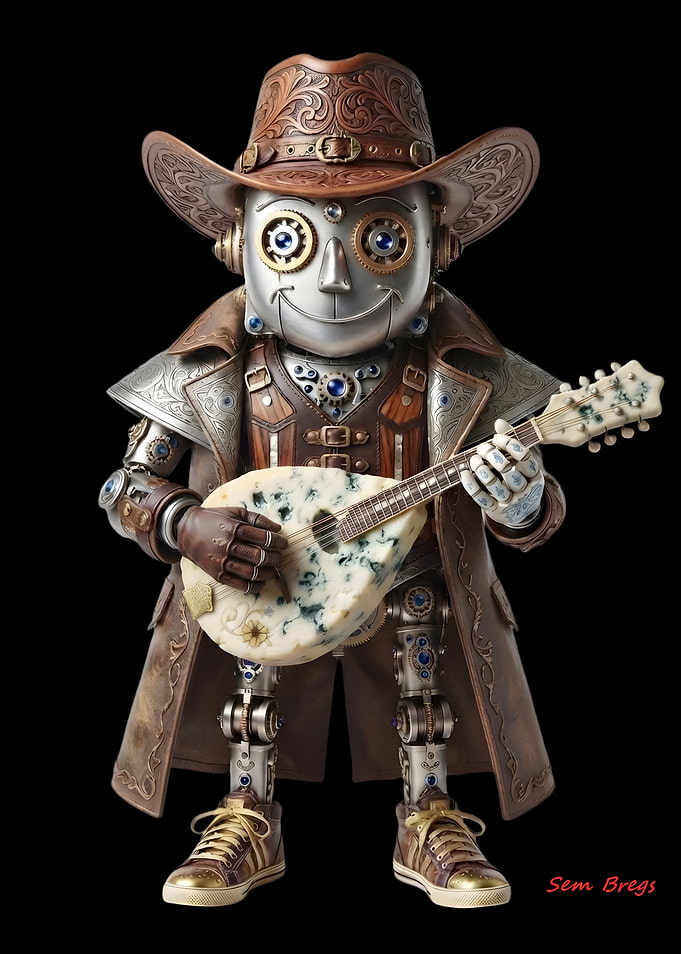 Steampunk Robot Cowboy Playing Cheese Mandolin