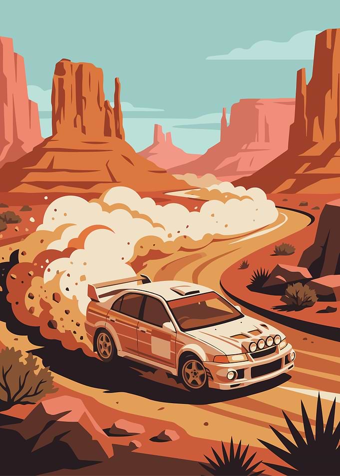 Rally Car Drifting in Desert Landscape