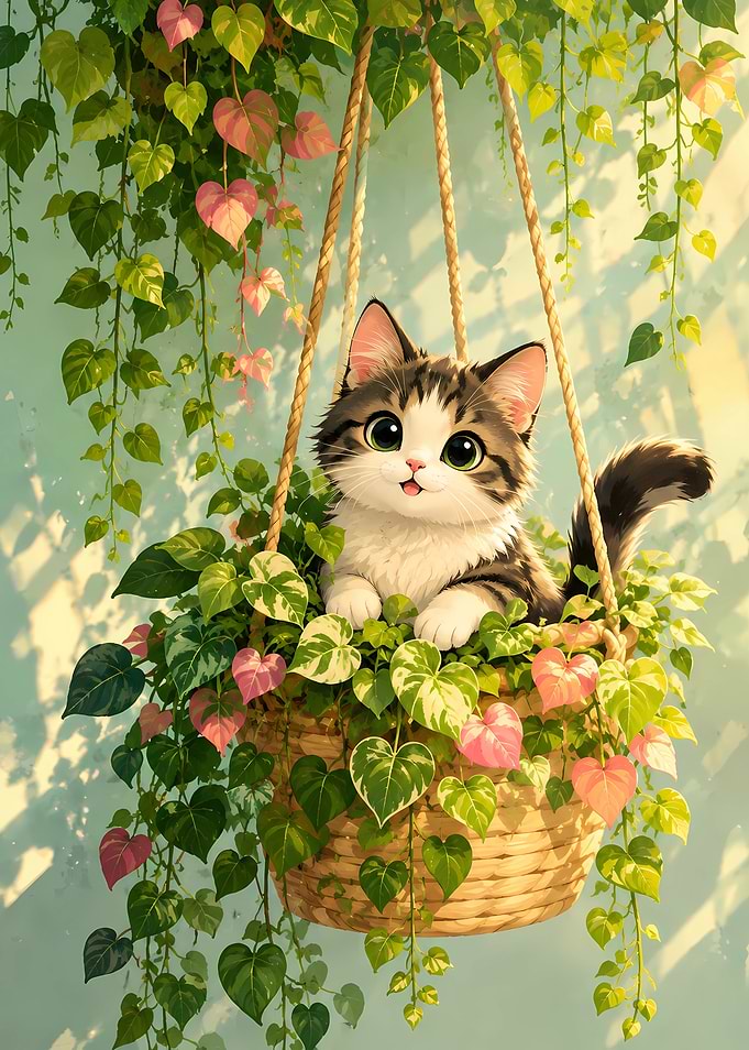 Cute kitten in a hanging planter
