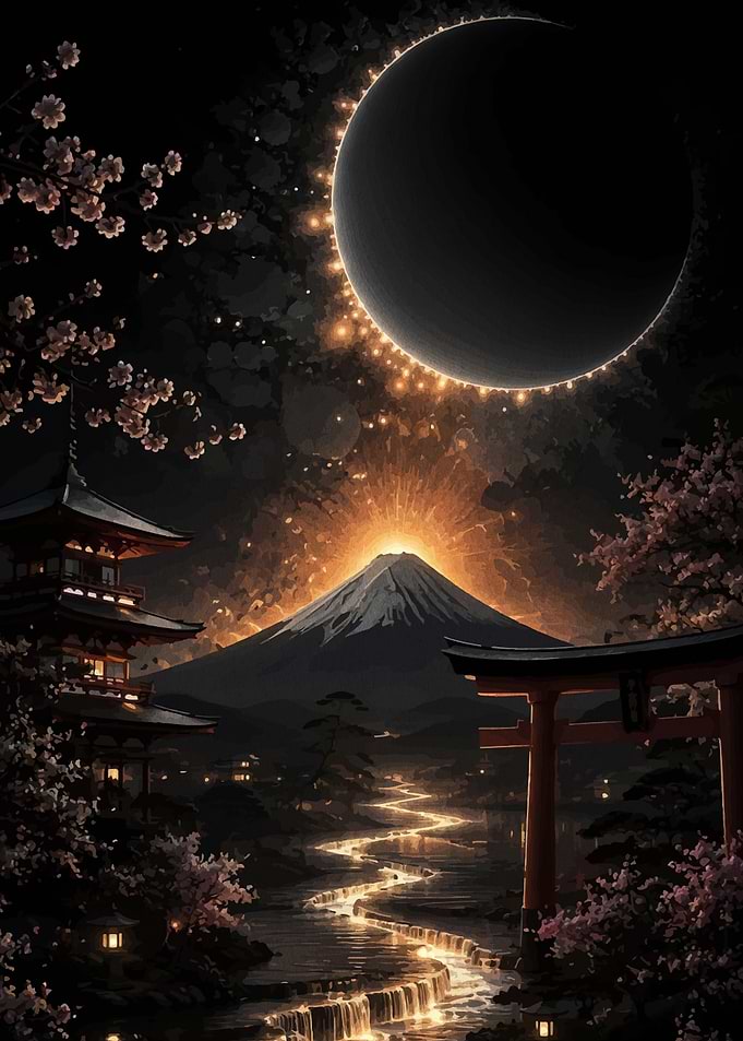 Mount Fuji Under Solar Eclipse