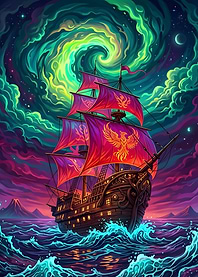 Fantasy Ship Under Cosmic Aurora