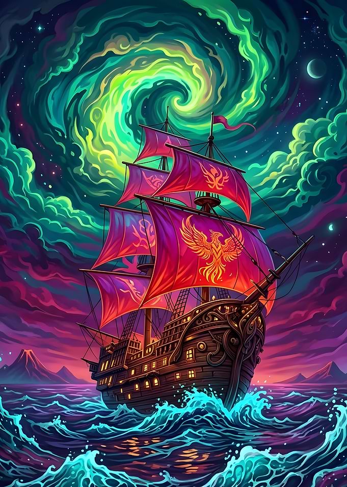 Fantasy Ship Under Cosmic Aurora