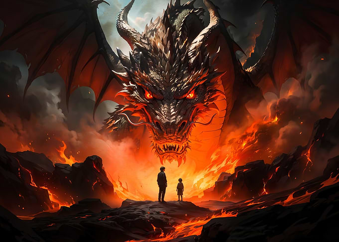 Two Figures Facing a Giant Dragon