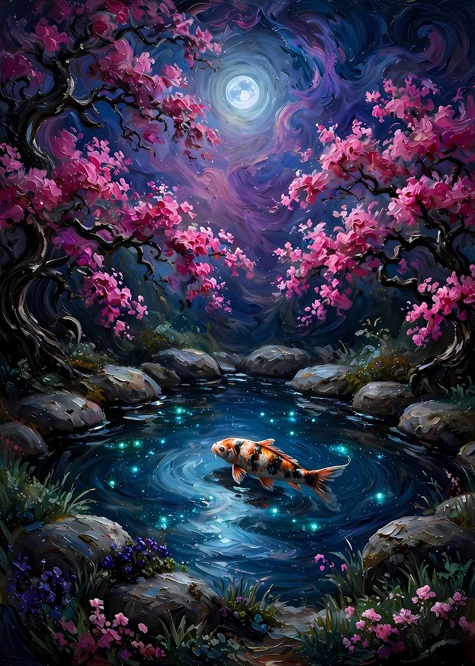 Koi Fish in Magical Moonlit Pond