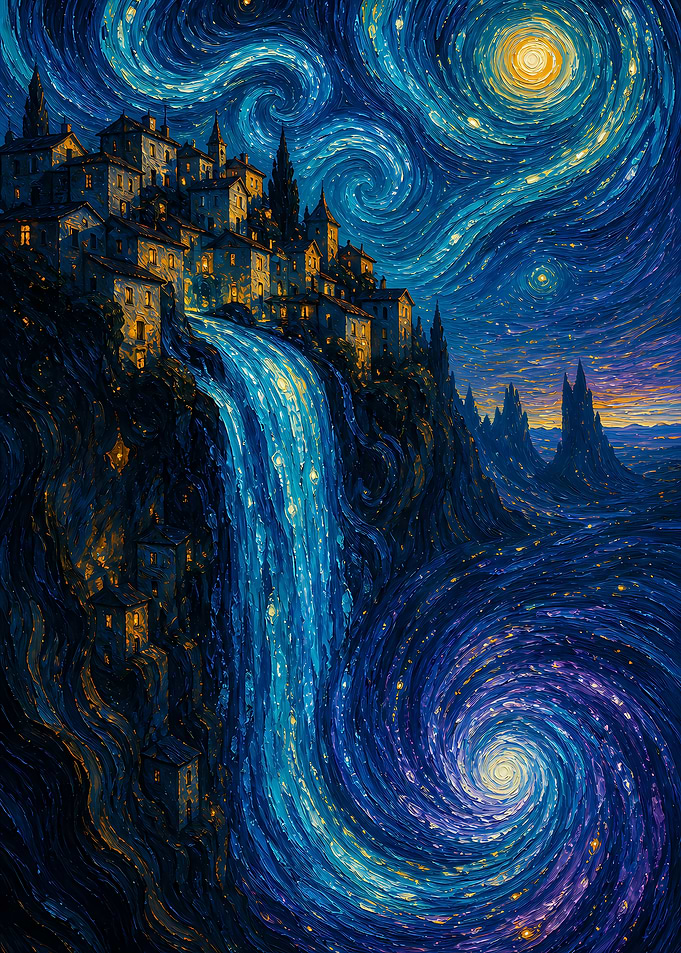 Starry Night Waterfall Fantasy Landscape