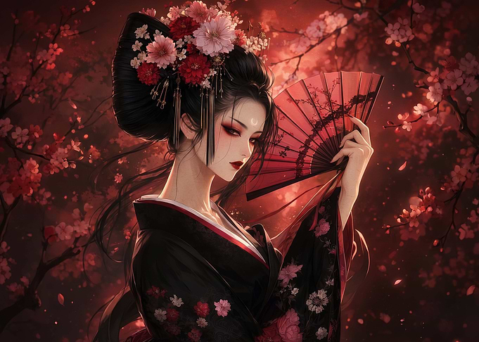 Elegant Geisha with Cherry Blossoms