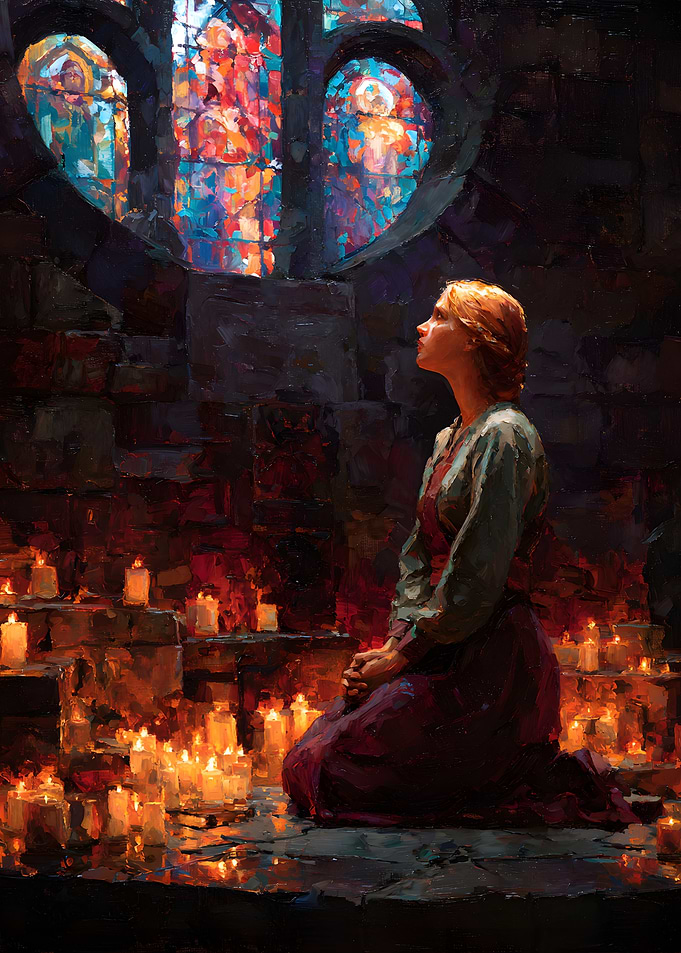 Woman Praying Amidst Candlelight