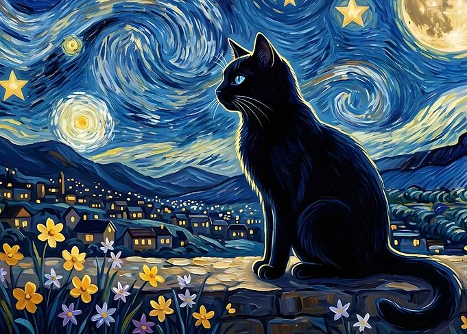 Black Cat in Starry Night Style
