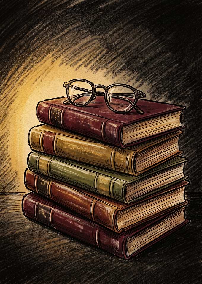 Stack of Vintage Books with Glasses