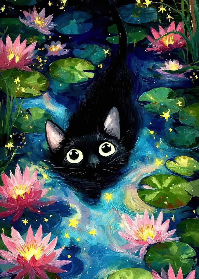 Black Cat Swimming in Lotus Pond