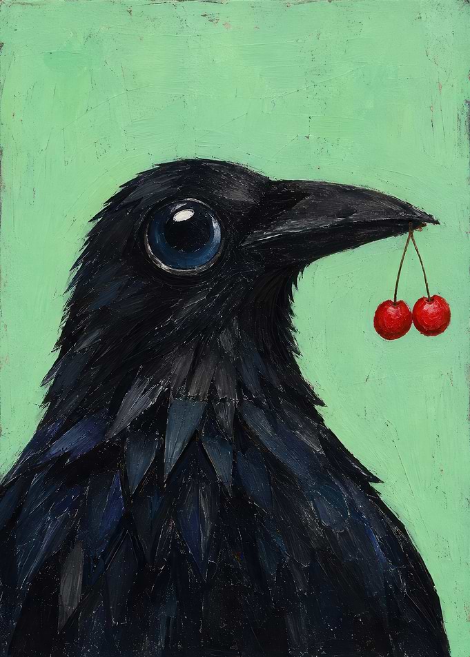 Crow Holding Cherries Painting