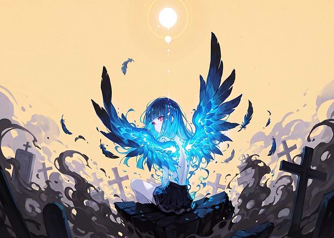 Anime Girl with Glowing Blue Wings