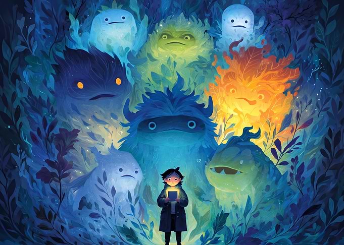 Child Surrounded by Magical Forest Spirits
