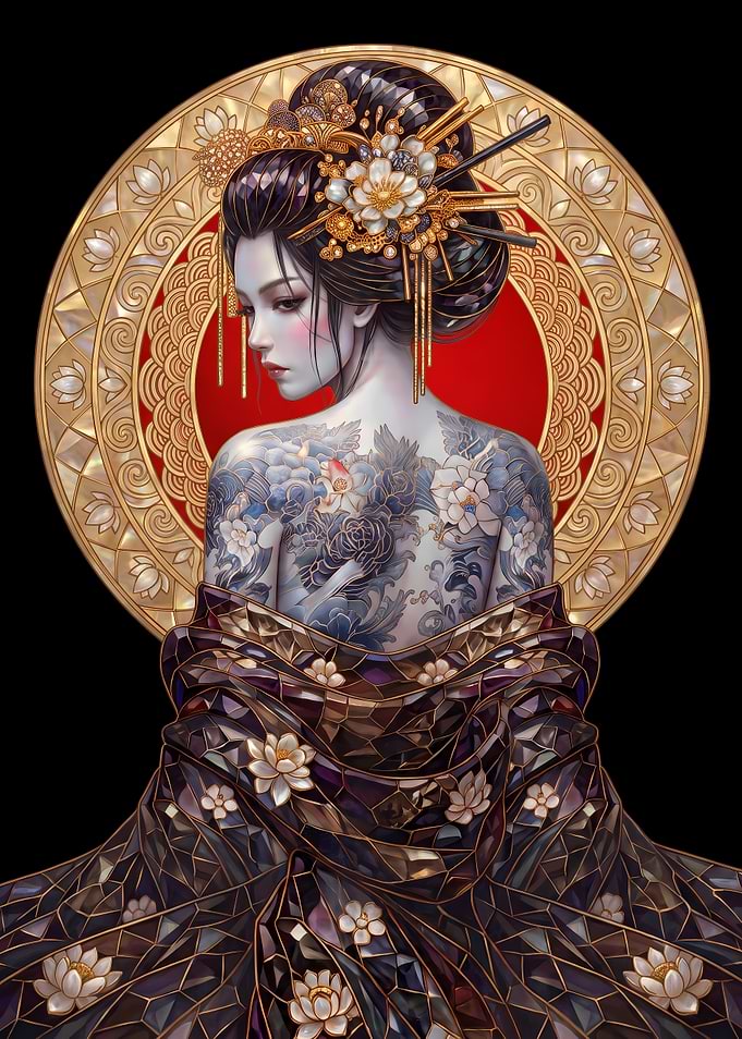 Elegant Geisha with Floral Back Tattoo