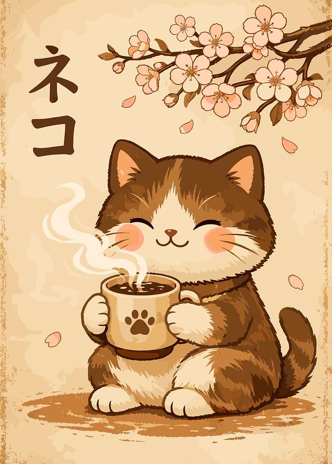 Vintage Coffee Cat Japanese Wall Art Poster | Cozy Sakura Kitten Decor Print