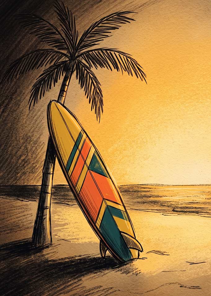 Surfboard Leaning Against Palm Tree