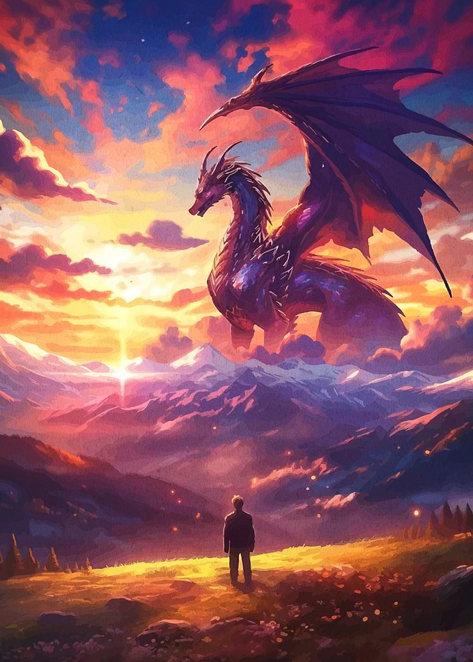 Lone Traveler Facing Majestic Dragon