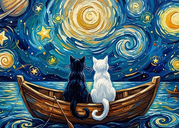 Cats in a Boat Under Stars