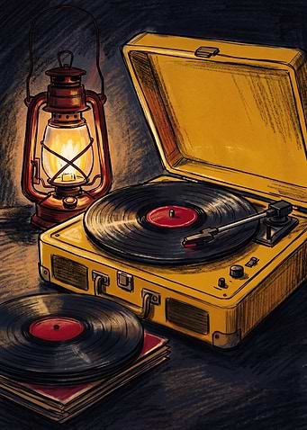 Vintage Yellow Record Player and Lantern