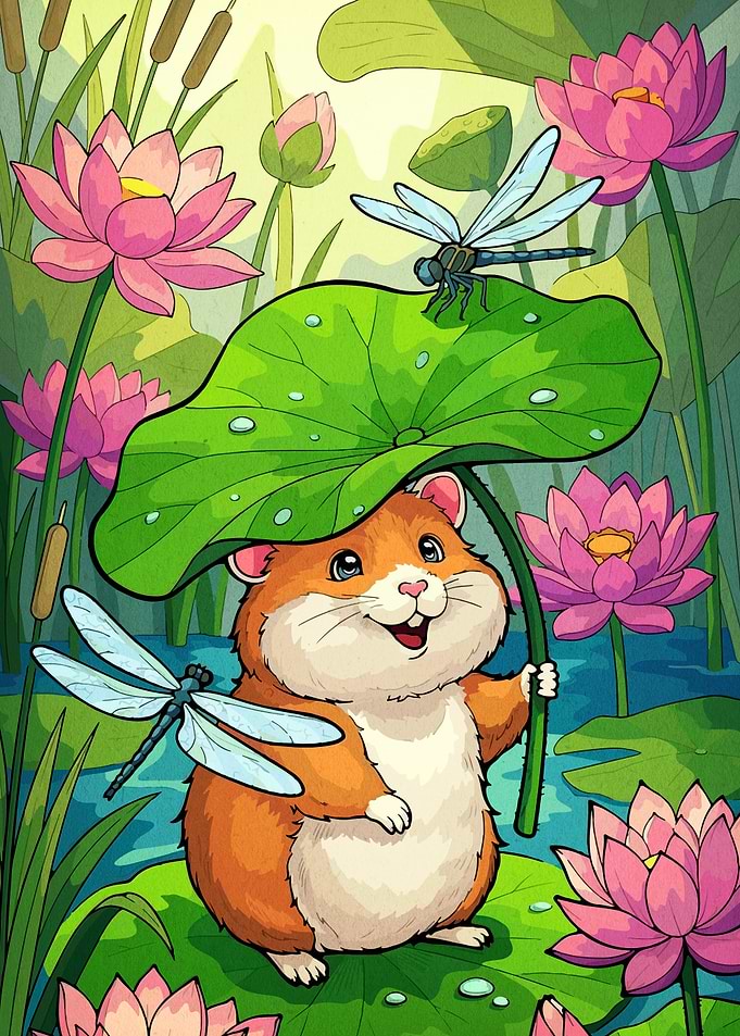 Cute Hamster Under Lotus Leaf