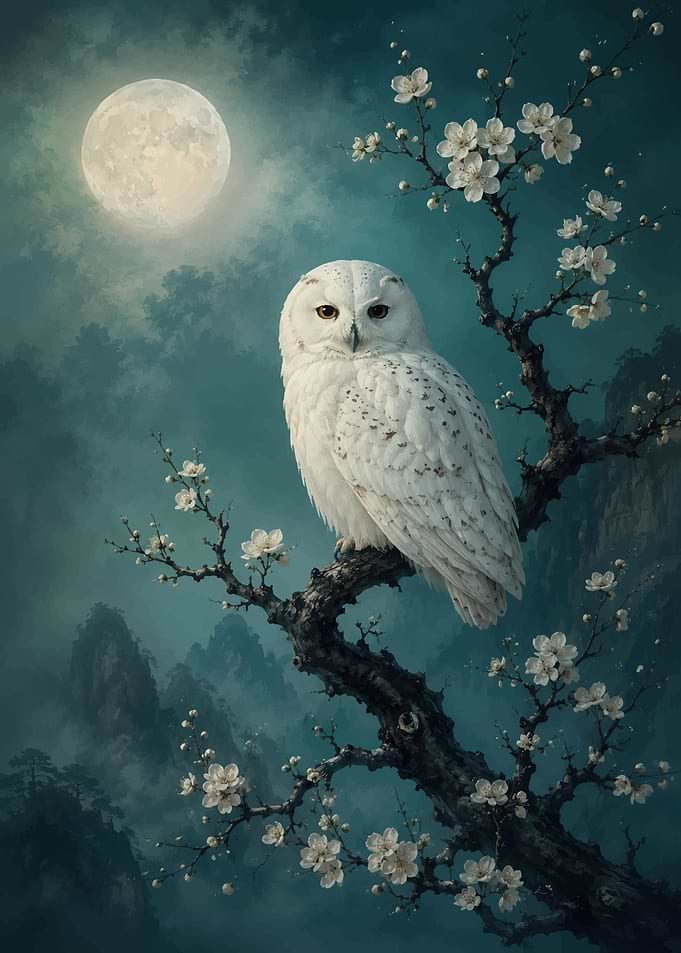 Snowy Owl on Flowering Branch