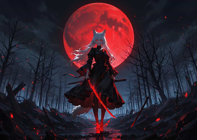 Anime Wolf Girl with Red Sword