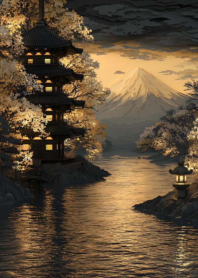 Mount Fuji and Pagoda at Sunset