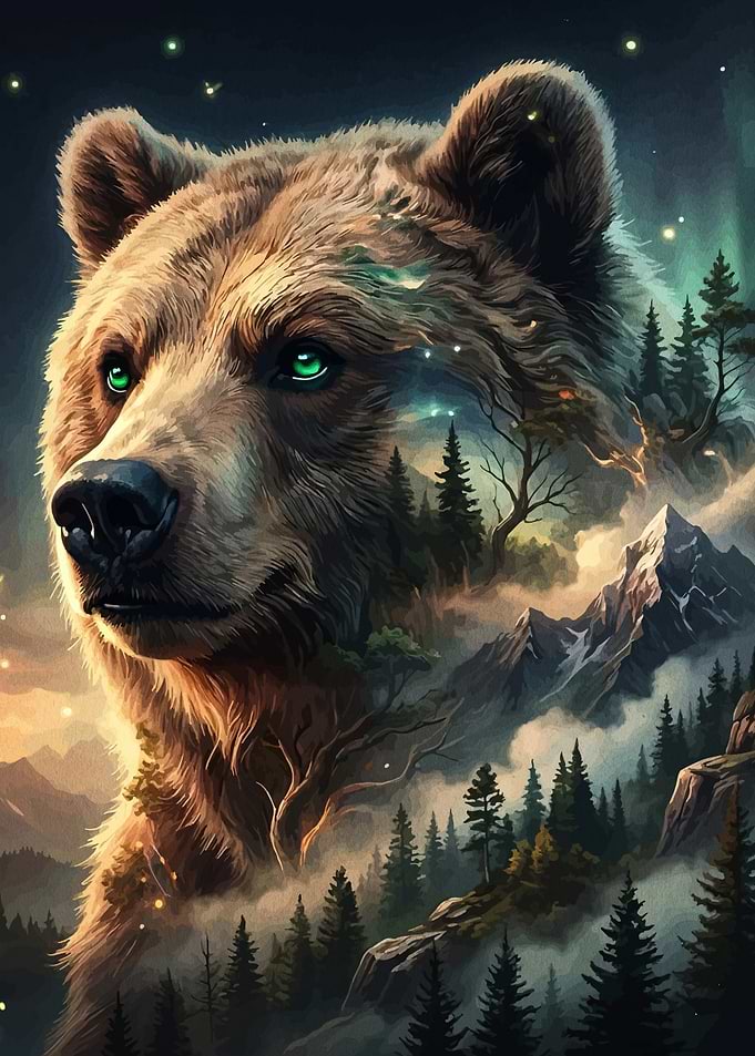 Double Exposure Bear and Mountain Landscape