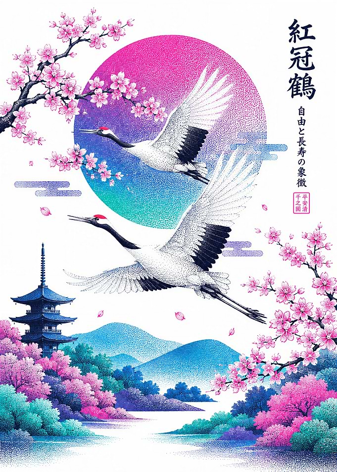 Japanese Red-Crowned Cranes and Pagoda