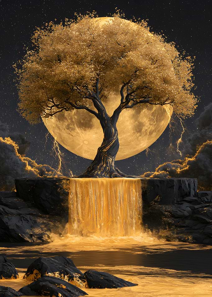 Golden Tree and Waterfall Fantasy Landscape