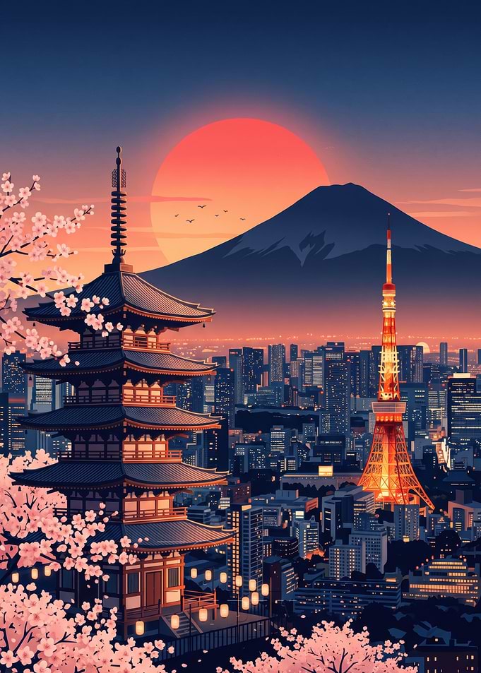 Tokyo Skyline with Pagoda and Fuji