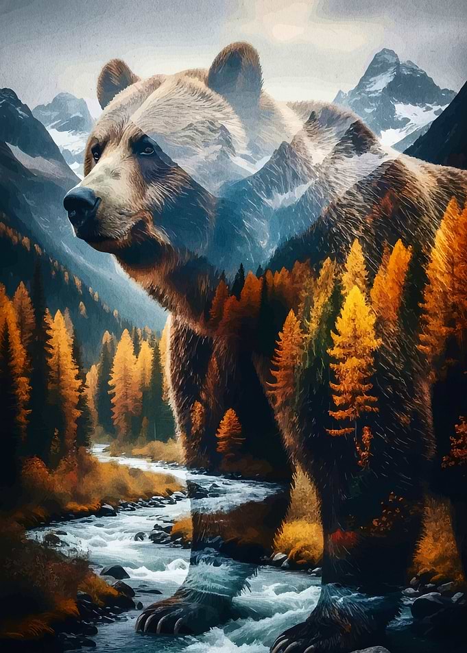Double Exposure Grizzly Bear Landscape