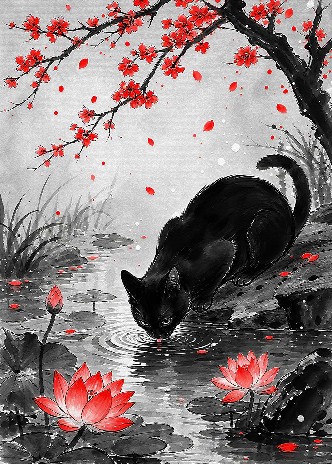 Black Cat Drinking from Lotus Pond