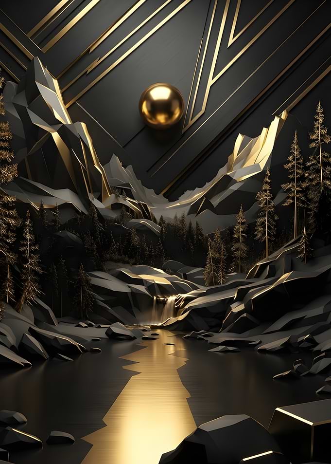 Abstract Gold and Black Mountain Landscape