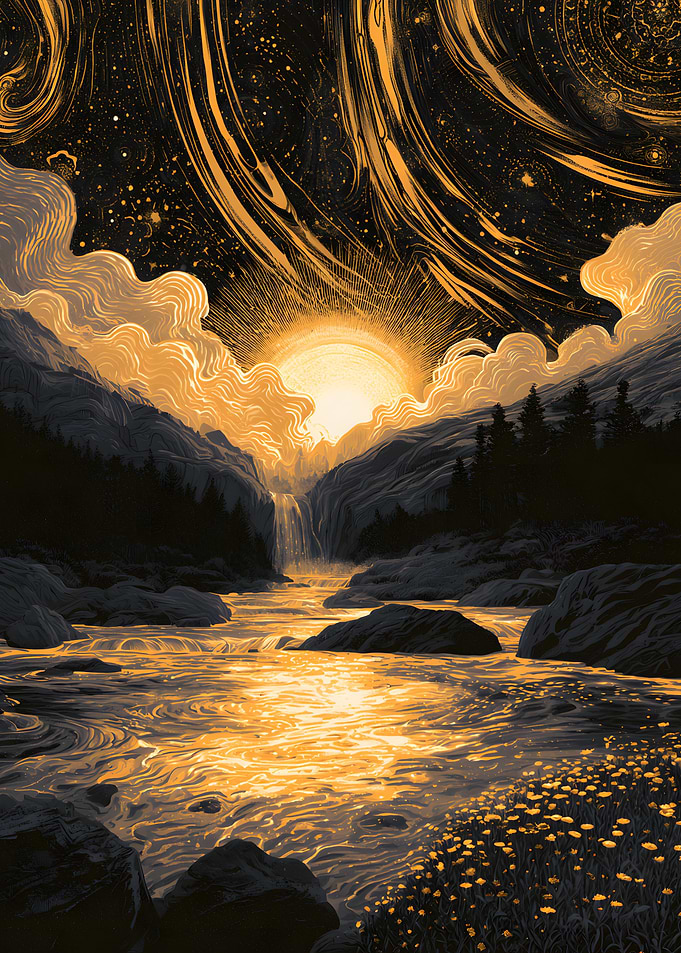 Golden Sunset Over Mountain River