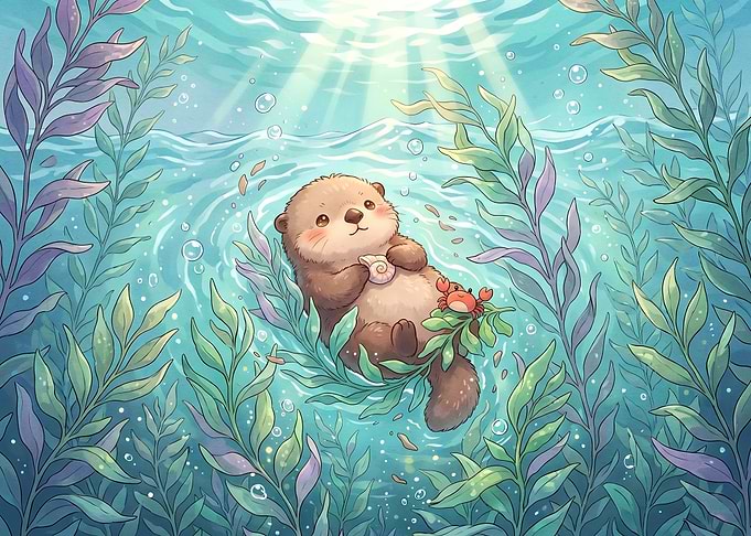 Cute Otter Floating in Kelp Forest