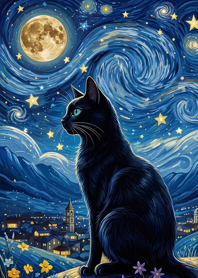 Black Cat Under Starry Night Sky