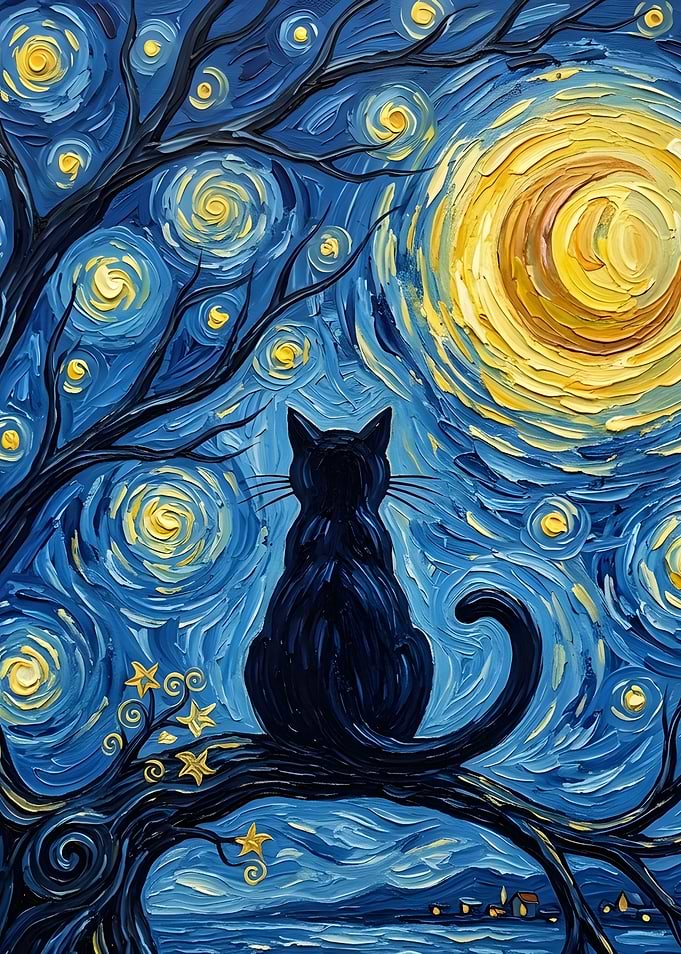 Black Cat Under Starry Night Sky