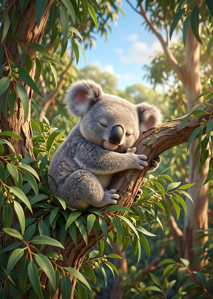 Sleeping Koala in Eucalyptus Tree