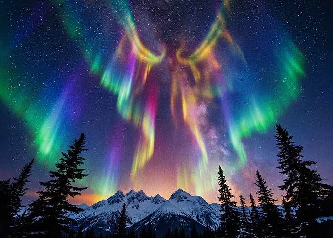 Angel Wing Aurora Over Mountains
